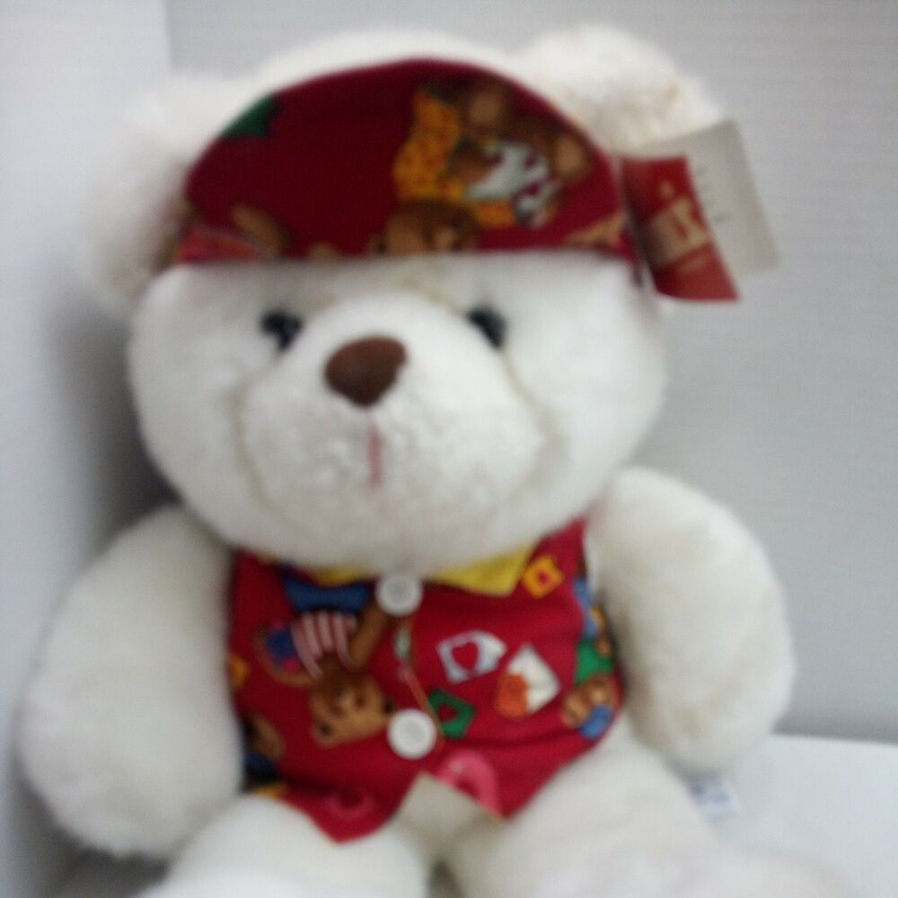 Vintage Adorable 18" AMS Softies white Bear with vest and visor #000281 Plush